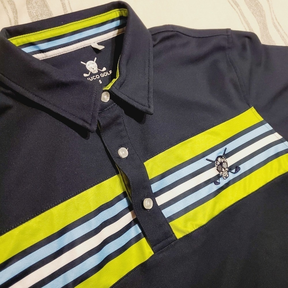 Chuco Golf Polo Shirt Navy Blue Skull Stripe Mens Small Casual Lime Green